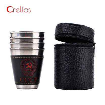 4pcs 30/70ml Stainless Steel Shot Cups with Leather Carrying Case Outdoor Camping Travel Drinking Wine Beer Whiskey Alcohol Cup