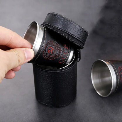 4pcs 30/70ml Stainless Steel Shot Cups with Leather Carrying Case Outdoor Camping Travel Drinking Wine Beer Whiskey Alcohol Cup