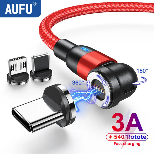 AUFU 540 Rotate 3A Magnetic Cable Fast Charging Micro USB Type C Cable For iPhone Xiaomi POCO Magnet Charger Wire Cord USB Cable