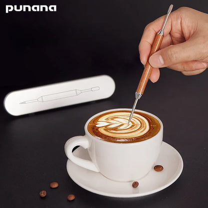 Punana Coffee Art Needle Stainless Steel Rosewood Coffee Decorating Art Pen Flower Needle Latte Coffee Hook Coffee Accessories